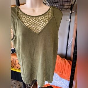 Dana Buchman Olive Green Sleeveless Top with Mesh Yoke Beaded Inset Sz 8